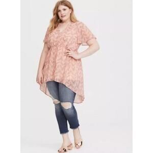 Torrid Pink Hi-Lo Lexie Babydoll Chiffon Feather Print Sheer Tunic Sz 10 M/L 00